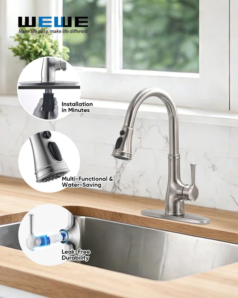 WEWE Vintage Kitchen Faucet with Pull Down Sprayer, Stainless Steel 1 or 3 Hole High Arc Single Handle Antique Sink Faucet for Classic Modern Ktichen, Brushed Nickel Bar & Prep Sinks - Image 2